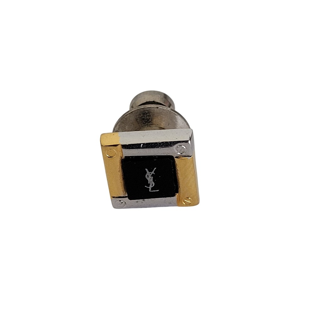 Yves Saint Laurent YSL Vintage Square Lapel Pin Two-Tone Silver Gold Black Logo